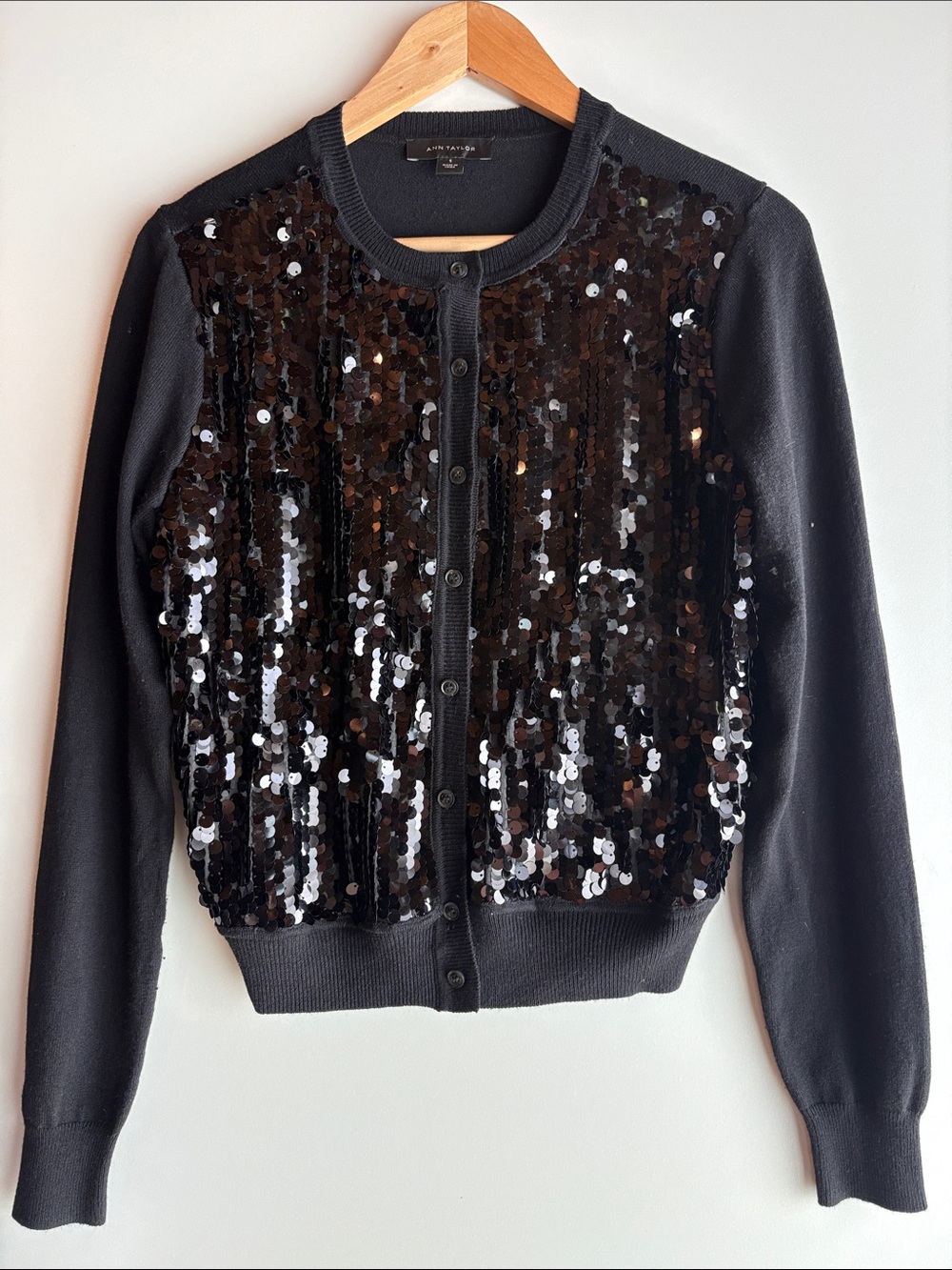 Ann Taylor Black Sequin Front Crewneck Cardigan Sweater Size Small